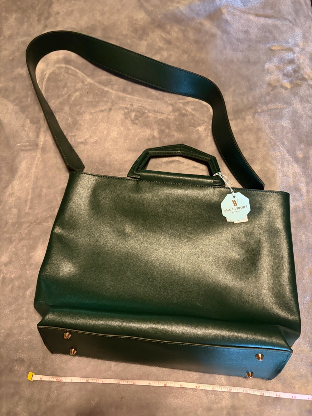 Anna Virgili Forest Green Leather Top Handle Satchel Crossbody Purse Italy
